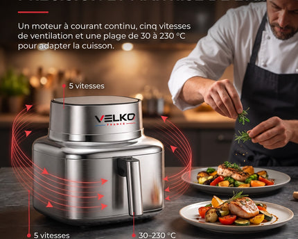 Air Fryer VELKO Auris 6 – 6,2 L – 1 725 W – Acier Inoxydable & Céramique – 30 à 230 °C