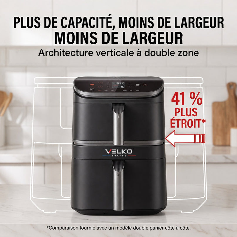 Air Fryer VELKO DuoChef 10 – 10,8 L – Double Zone Verticale – 3 Niveaux de Cuisson – 6-en-1 – 2 630 W