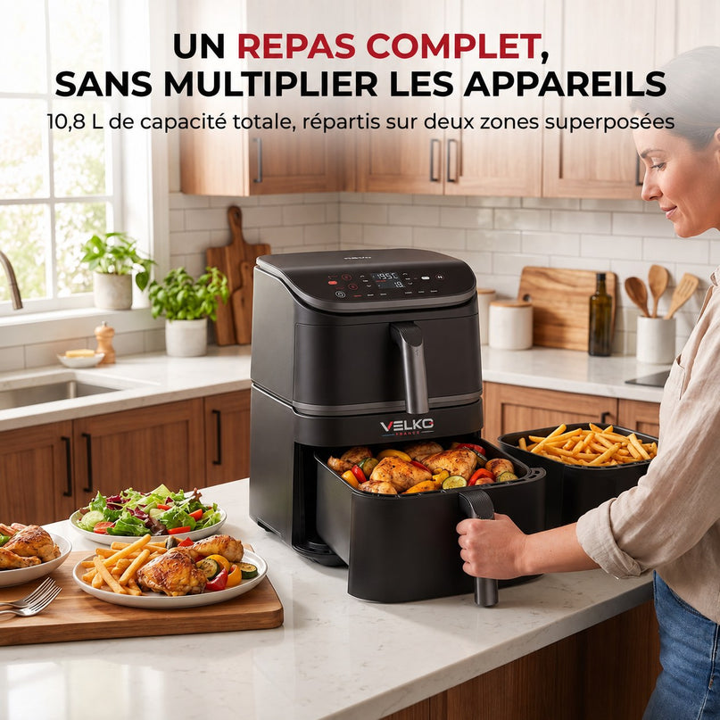 Air Fryer VELKO DuoChef 10 – 10,8 L – Double Zone Verticale – 3 Niveaux de Cuisson – 6-en-1 – 2 630 W