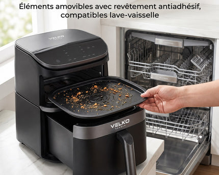 Air Fryer VELKO DuoChef 10 – 10,8 L – Double Zone Verticale – 3 Niveaux de Cuisson – 6-en-1 – 2 630 W