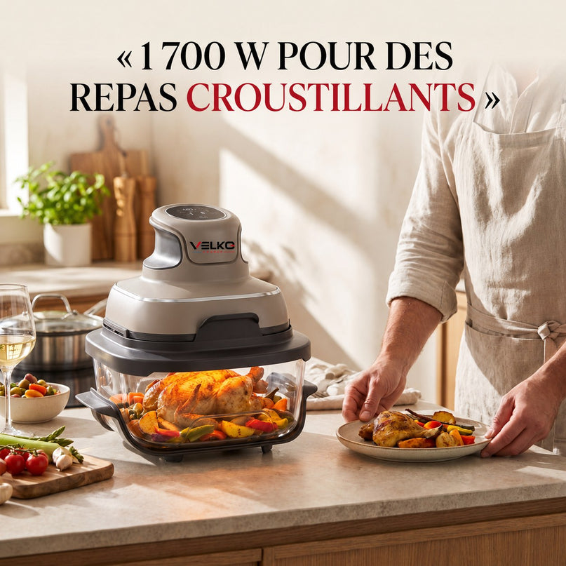 Air Fryer VELKO Nomad 38 – Friteuse sans Huile Portable 4-en-1 – 1 700 W – Récipients en Verre 3,8 L & 1,4 L