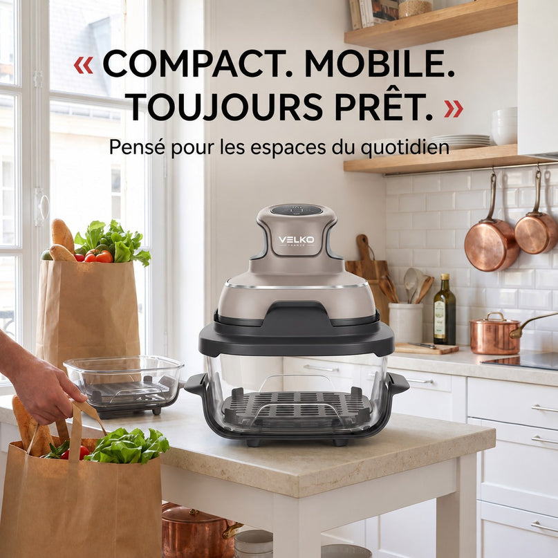 Air Fryer VELKO Nomad 38 – Friteuse sans Huile Portable 4-en-1 – 1 700 W – Récipients en Verre 3,8 L & 1,4 L