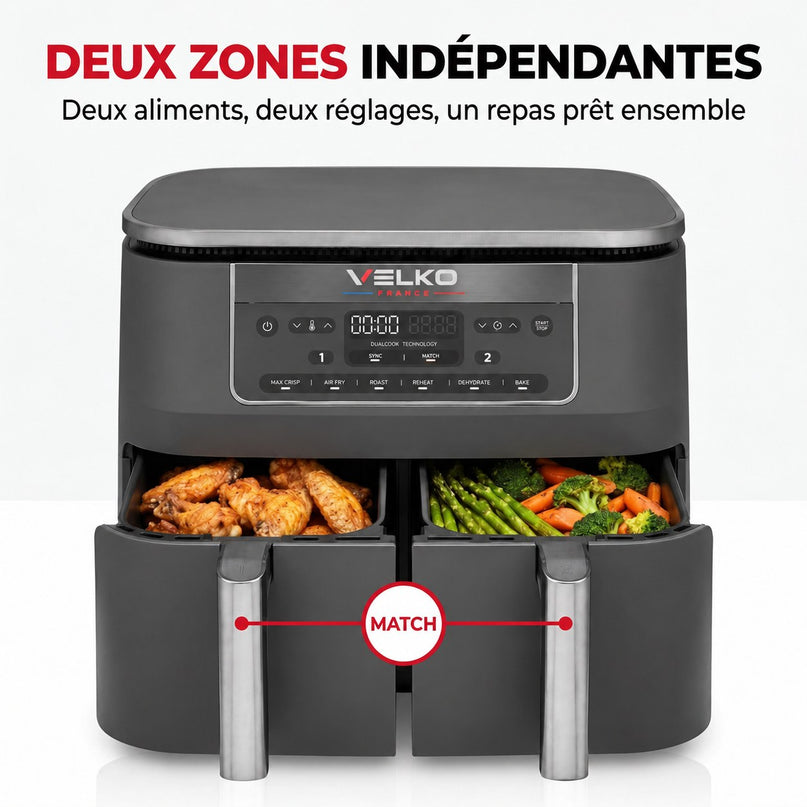Air Fryer VELKO Synora 7.6 – Double Zone 7,6 L – 6 Modes – Cuisson Synchronisée