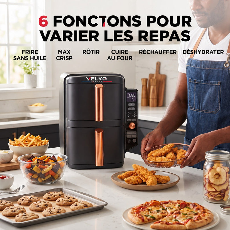Air Fryer Vertical VELKO Altis 95 – 9,5 L, 2 Tiroirs, 4 Niveaux de Cuisson & 6 Fonctions