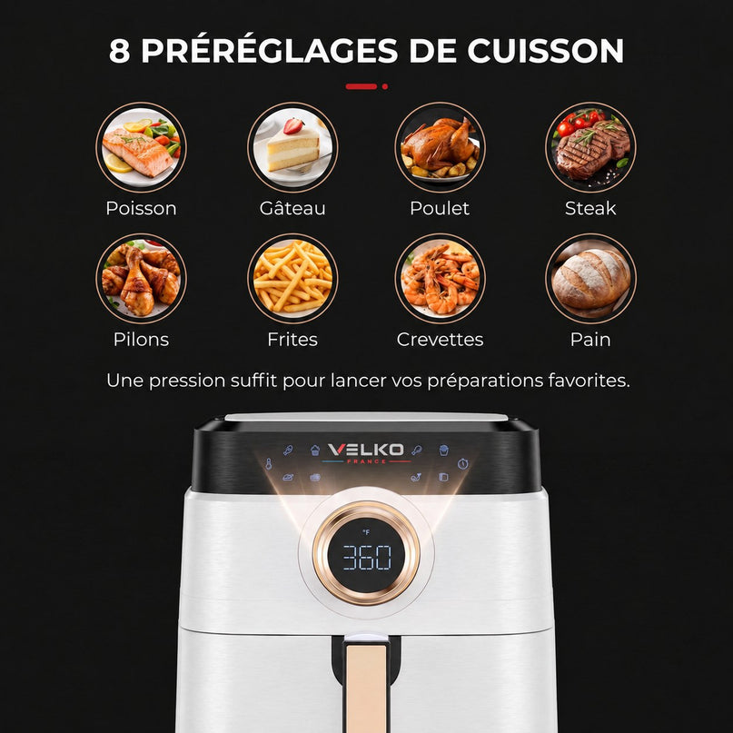 Airfryer VELKO Savoris 1700 – Friteuse à Air 1700 W – 8 Préréglages – Écran Tactile – Blanc