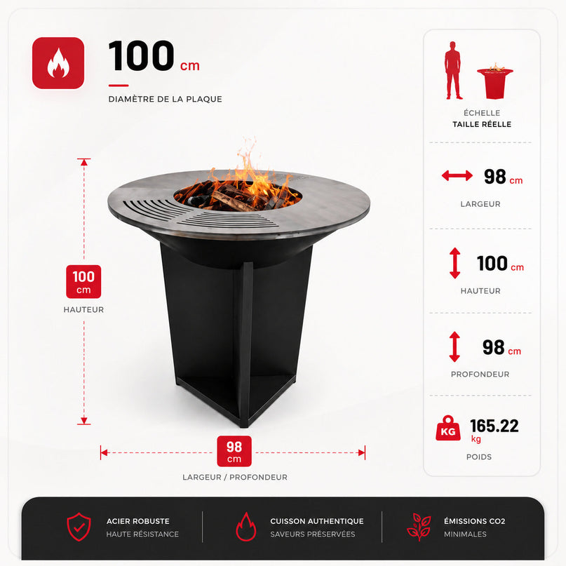 Brasero Barbecue VELKO Bilbao – Acier 100 cm – Plaque circulaire – Rangement à bois intégré