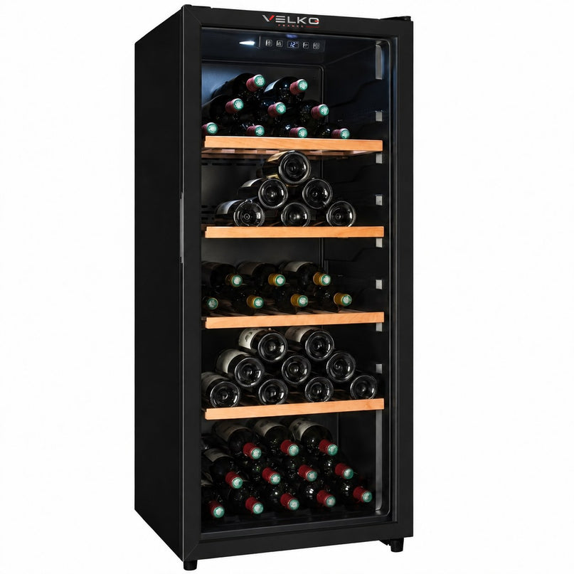 Cave à Vin de Vieillissement VELKO Héritage – 116 Bouteilles – 213 L – 4 Clayettes en Bois – Température Réglable