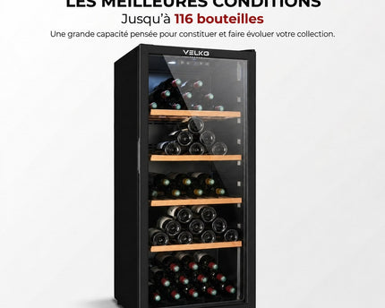 Cave à Vin de Vieillissement VELKO Héritage – 116 Bouteilles – 213 L – 4 Clayettes en Bois – Température Réglable