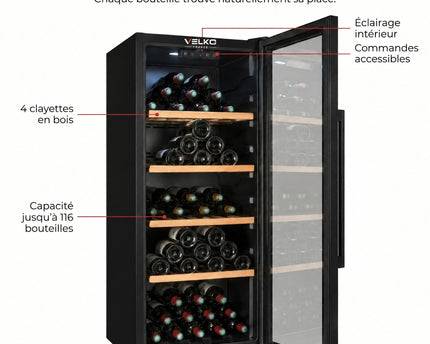 Cave à Vin de Vieillissement VELKO Héritage – 116 Bouteilles – 213 L – 4 Clayettes en Bois – Température Réglable