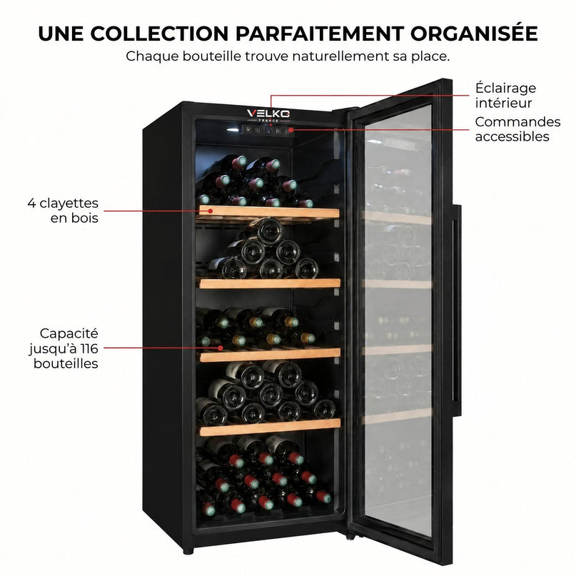 Cave à Vin de Vieillissement VELKO Héritage – 116 Bouteilles – 213 L – 4 Clayettes en Bois – Température Réglable