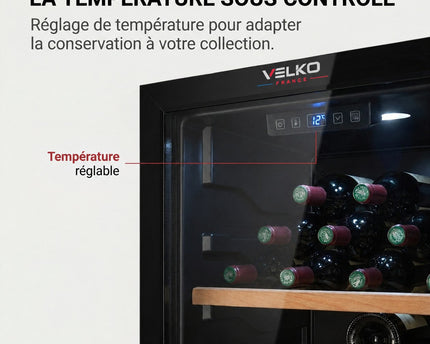 Cave à Vin de Vieillissement VELKO Héritage – 116 Bouteilles – 213 L – 4 Clayettes en Bois – Température Réglable