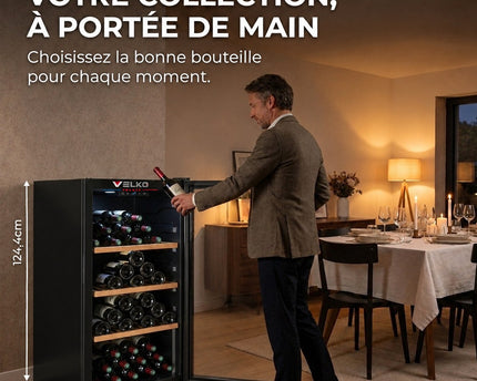Cave à Vin de Vieillissement VELKO Héritage – 116 Bouteilles – 213 L – 4 Clayettes en Bois – Température Réglable