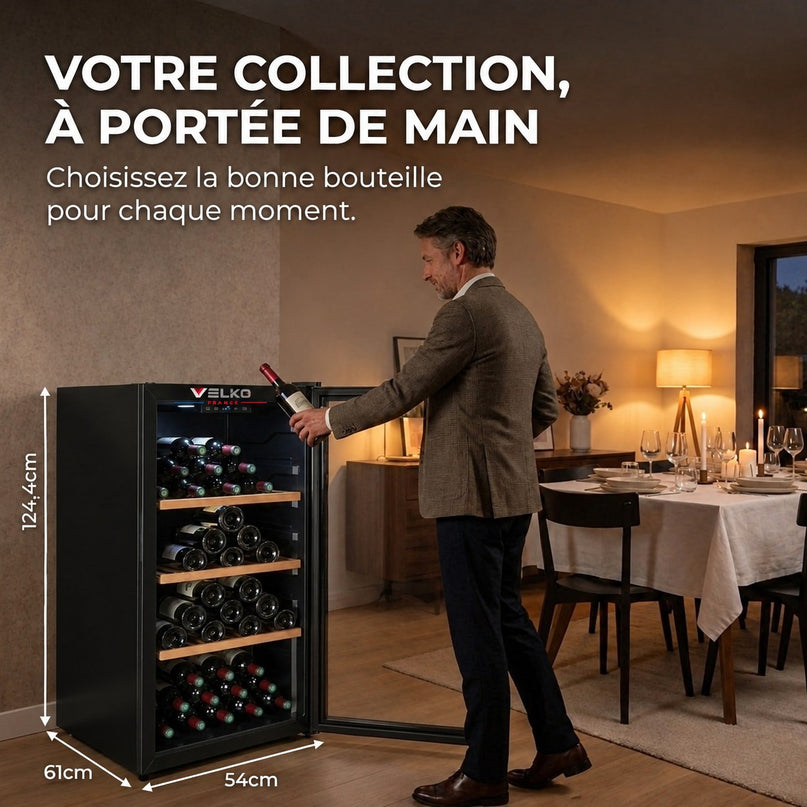 Cave à Vin de Vieillissement VELKO Héritage – 116 Bouteilles – 213 L – 4 Clayettes en Bois – Température Réglable