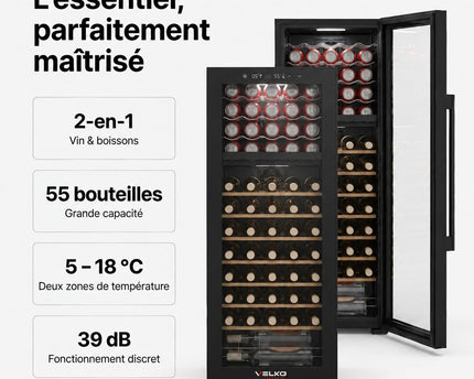 Cave à Vin Multi-Température VELKO Millésime 55 – 55 Bouteilles – Double Zone 5–18 °C – 150 L – 39 dB