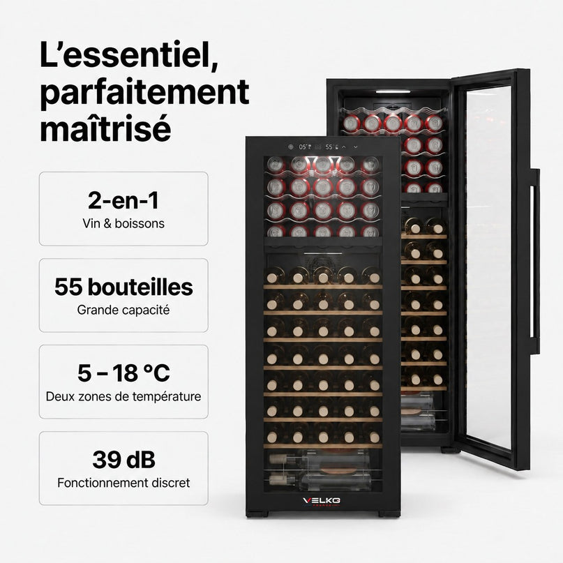 Cave à Vin Multi-Température VELKO Millésime 55 – 55 Bouteilles – Double Zone 5–18 °C – 150 L – 39 dB