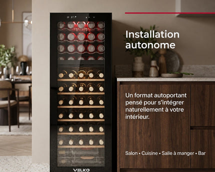 Cave à Vin Multi-Température VELKO Millésime 55 – 55 Bouteilles – Double Zone 5–18 °C – 150 L – 39 dB