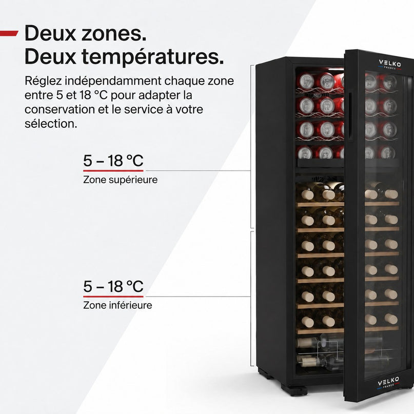 Cave à Vin Multi-Température VELKO Millésime 55 – 55 Bouteilles – Double Zone 5–18 °C – 150 L – 39 dB