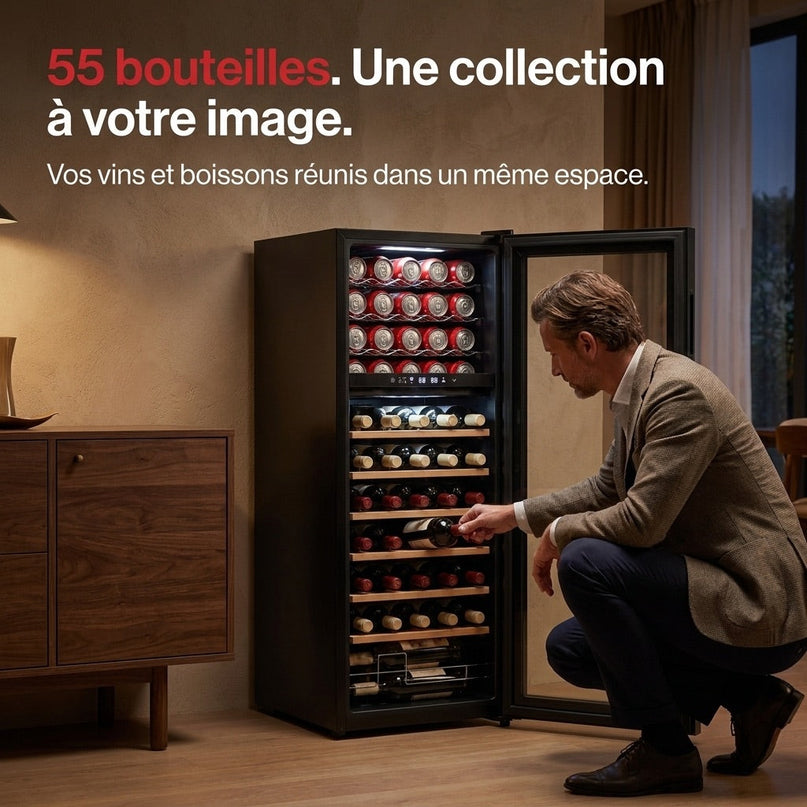 Cave à Vin Multi-Température VELKO Millésime 55 – 55 Bouteilles – Double Zone 5–18 °C – 150 L – 39 dB