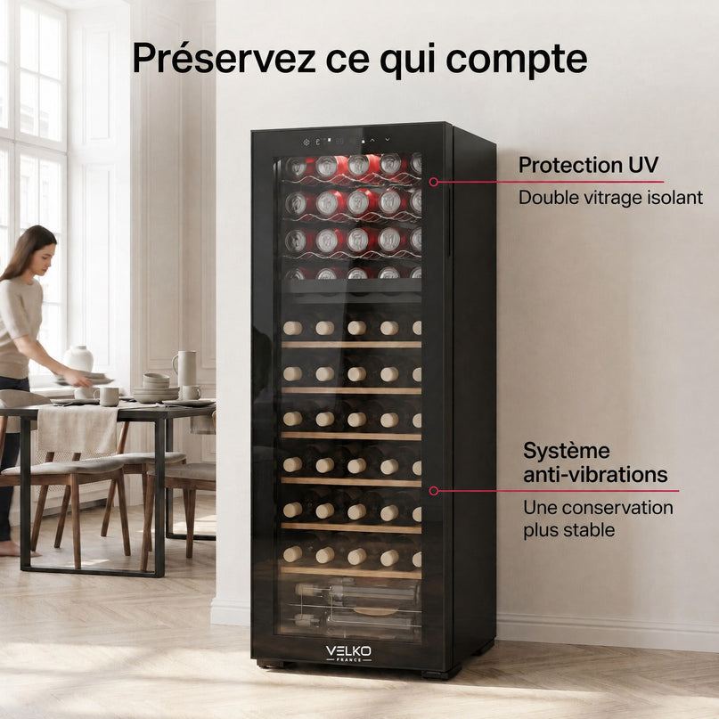 Cave à Vin Multi-Température VELKO Millésime 55 – 55 Bouteilles – Double Zone 5–18 °C – 150 L – 39 dB