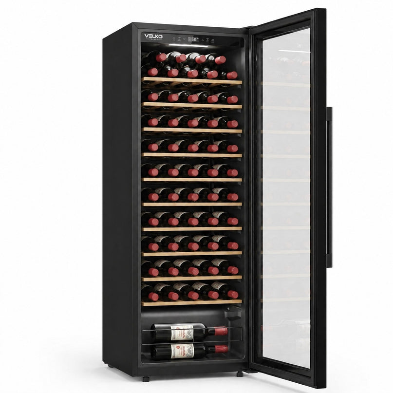 Cave à Vin VELKO Cellar 58 – 58 Bouteilles – Monozone 5°C à 20°C – Verre Anti-UV – 37 dB – Wi-Fi