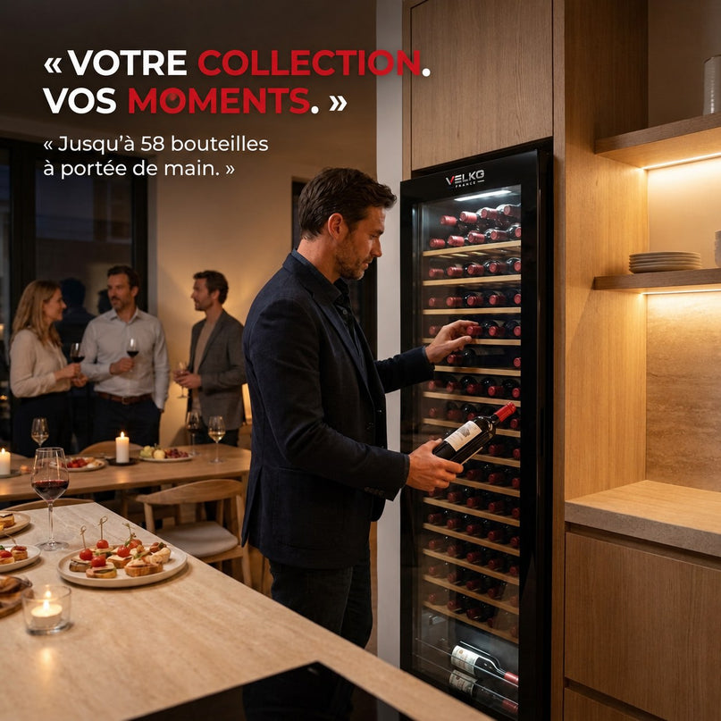 Cave à Vin VELKO Cellar 58 – 58 Bouteilles – Monozone 5°C à 20°C – Verre Anti-UV – 37 dB – Wi-Fi