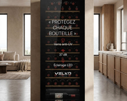 Cave à Vin VELKO Cellar 58 – 58 Bouteilles – Monozone 5°C à 20°C – Verre Anti-UV – 37 dB – Wi-Fi