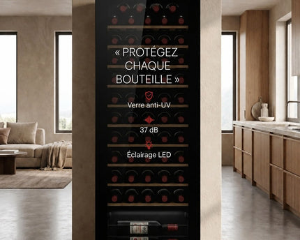 Cave à Vin VELKO Cellar 58 – 58 Bouteilles – Monozone 5°C à 20°C – Verre Anti-UV – 37 dB – Wi-Fi