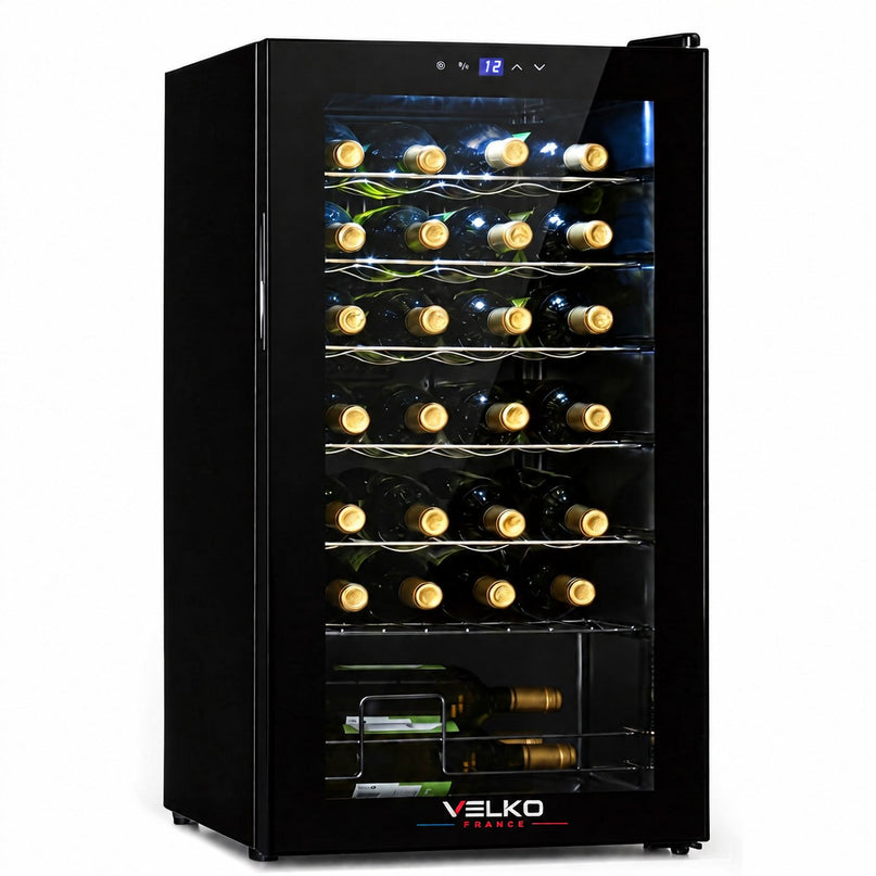 Cave à Vin VELKO Écrin 28 – 28 Bouteilles – 74 L – 5 à 18 °C – 39 dB – Porte Vitrée