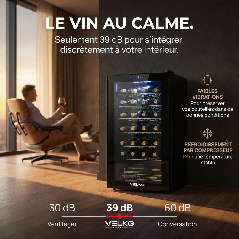 Cave à Vin VELKO Écrin 28 – 28 Bouteilles – 74 L – 5 à 18 °C – 39 dB – Porte Vitrée