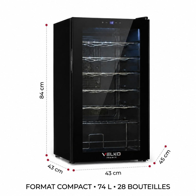 Cave à Vin VELKO Écrin 28 – 28 Bouteilles – 74 L – 5 à 18 °C – 39 dB – Porte Vitrée