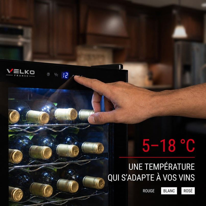 Cave à Vin VELKO Écrin 28 – 28 Bouteilles – 74 L – 5 à 18 °C – 39 dB – Porte Vitrée