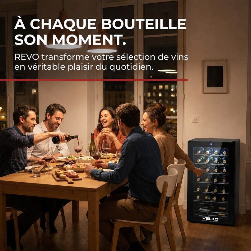 Cave à Vin VELKO Écrin 28 – 28 Bouteilles – 74 L – 5 à 18 °C – 39 dB – Porte Vitrée