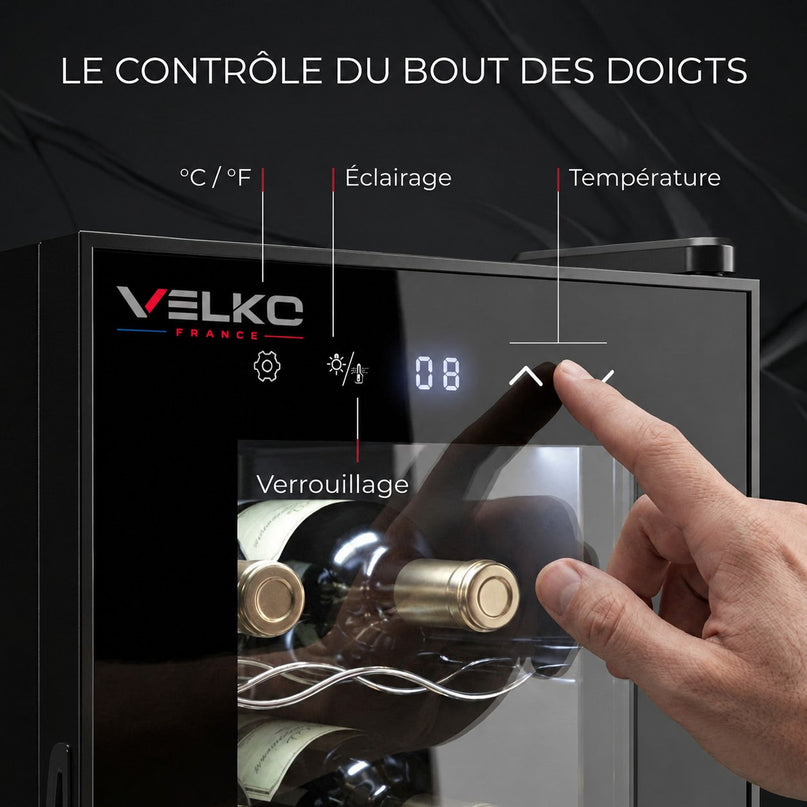 Cave à Vin VELKO Origine – 8 Bouteilles – 21 L – Température Réglable 8 à 18 °C – Commande Tactile – 35 dB