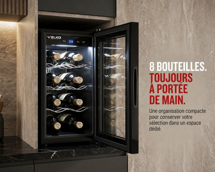 Cave à Vin VELKO Origine – 8 Bouteilles – 21 L – Température Réglable 8 à 18 °C – Commande Tactile – 35 dB