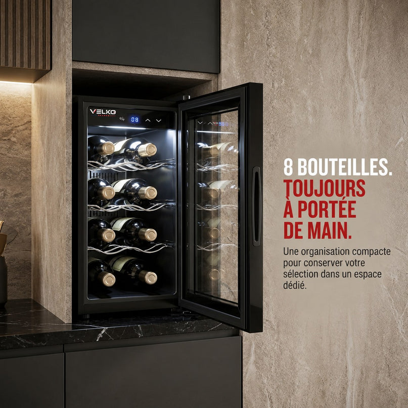 Cave à Vin VELKO Origine – 8 Bouteilles – 21 L – Température Réglable 8 à 18 °C – Commande Tactile – 35 dB
