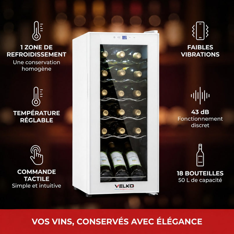 Cave à Vin VELKO Réserve 18 – 18 Bouteilles – 50 L – Refroidissement par Compresseur – 43 dB – Commande Tactile