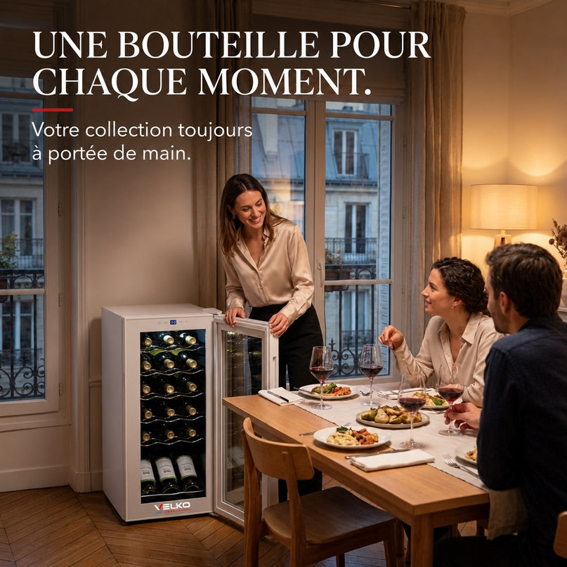 Cave à Vin VELKO Réserve 18 – 18 Bouteilles – 50 L – Refroidissement par Compresseur – 43 dB – Commande Tactile