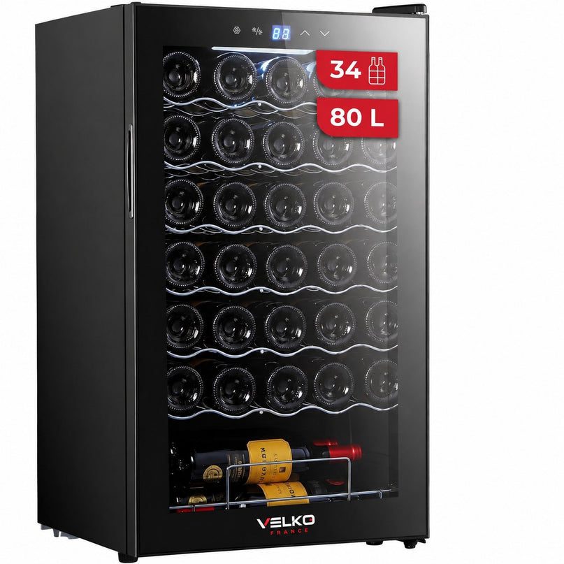 Cave à Vin VELKO Vendôme – 34 Bouteilles – 80 L – Température 5 à 18 °C – Refroidissement par Compresseur