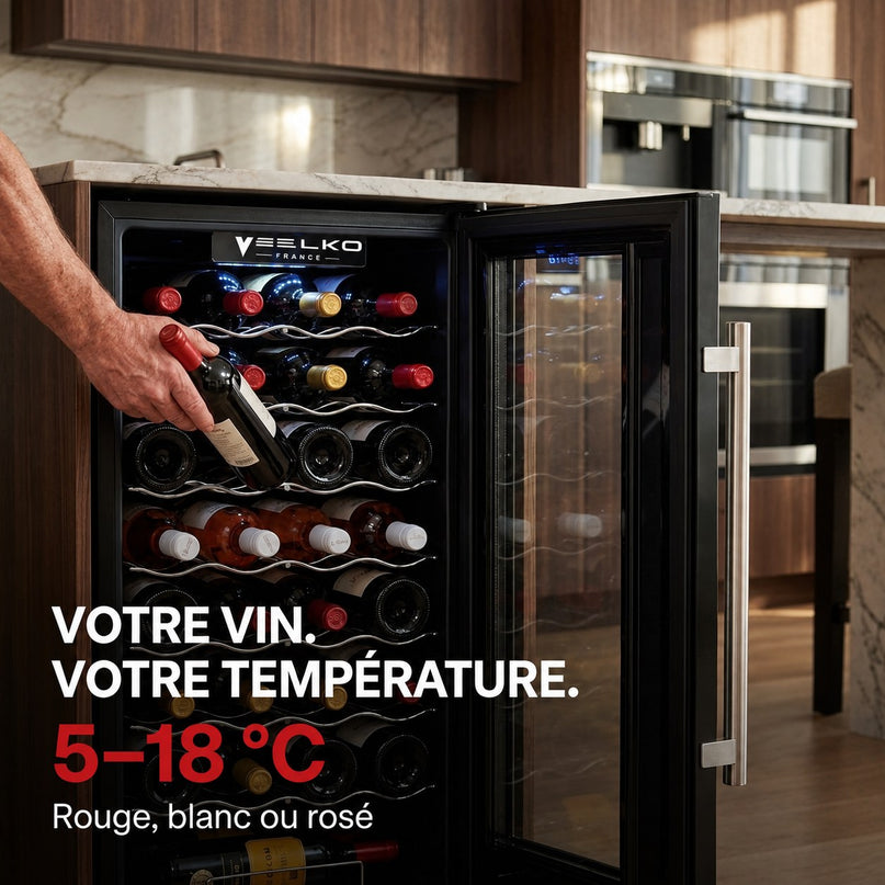 Cave à Vin VELKO Vendôme – 34 Bouteilles – 80 L – Température 5 à 18 °C – Refroidissement par Compresseur