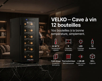 Cave à Vin VELKO Vinea – 12 Bouteilles – Température 8 à 18 °C – Triple Vitrage – Ultra-Silencieuse < 26 dB