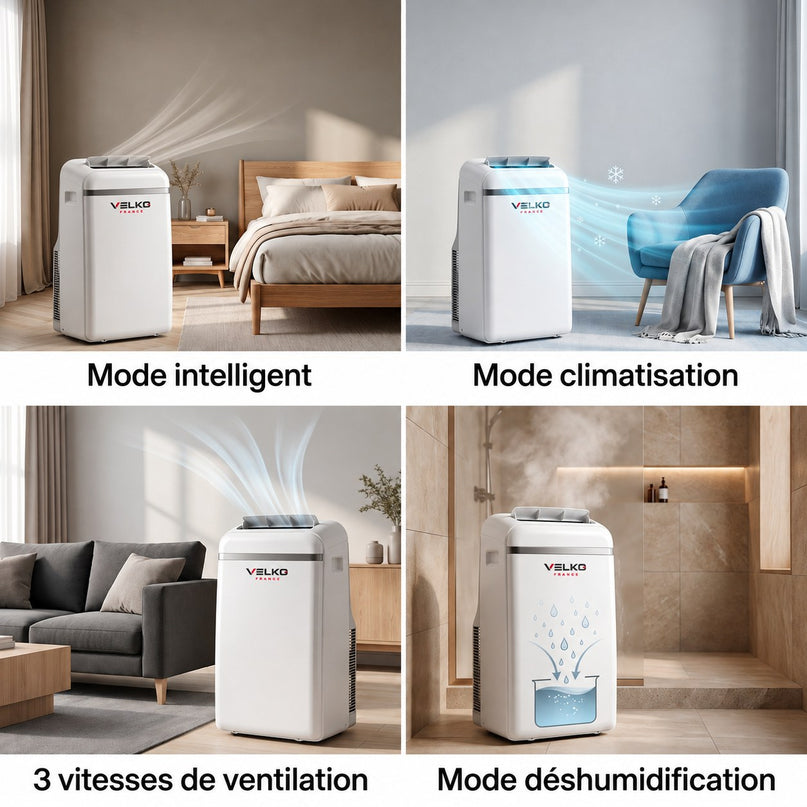Climatiseur Mobile VELKO AirSense 10 – 10 000 BTU – Classe A+ – Climatisation, Ventilation & Déshumidification