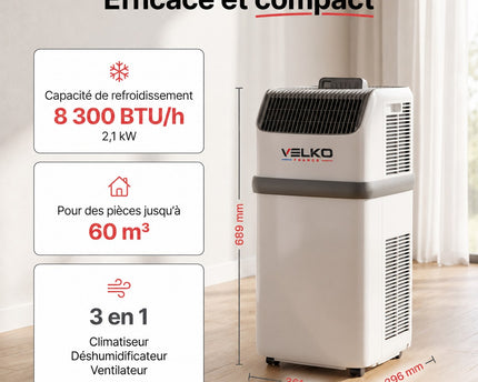 Climatiseur Mobile VELKO Compact – 8 300 BTU – 2,1 kW – 3-en-1 – 52 dB – Classe A
