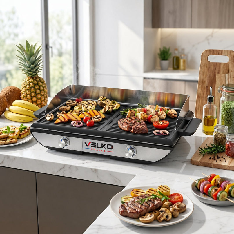 Combiné Plancha & Grill Électrique VELKO Sitges – Double Zone de Cuisson – 2300 W