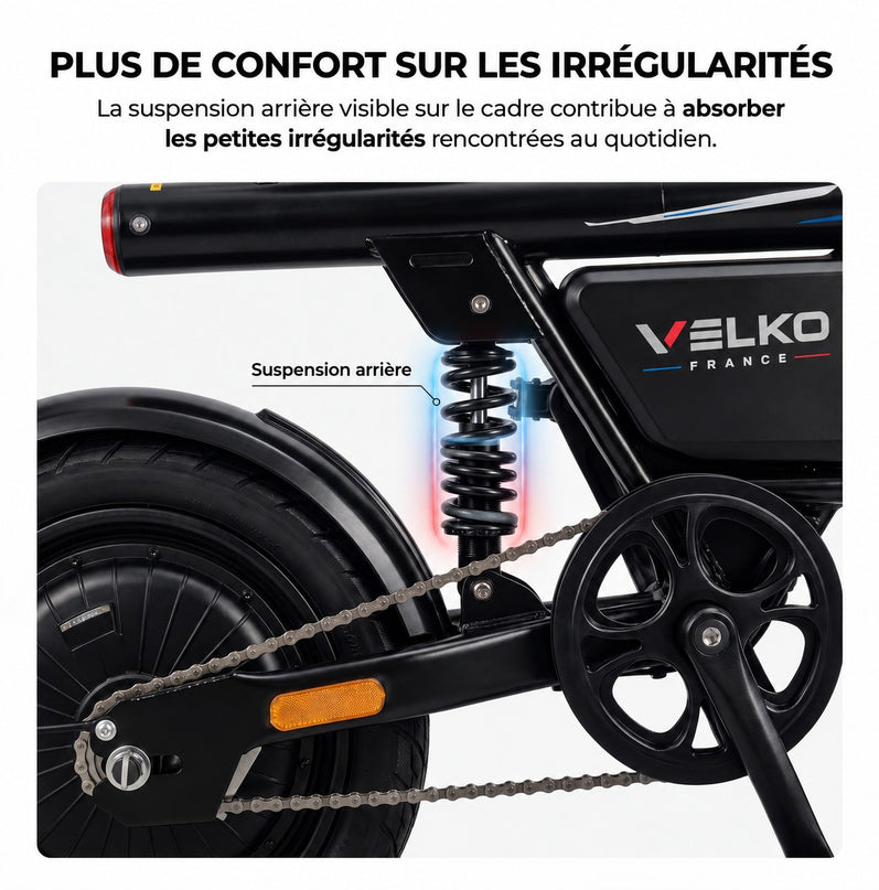 Draisienne Électrique Pliable VELKO Foldix 14 – 250 W – Batterie 36 V 12 Ah – Autonomie jusqu’à 50 km – Application – Roues 14"