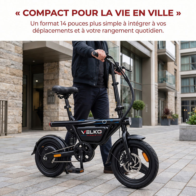 Draisienne Électrique Pliable VELKO Foldix 14 – 250 W – Batterie 36 V 12 Ah – Autonomie jusqu’à 50 km – Application – Roues 14"