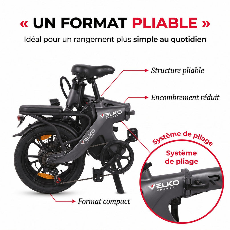 Draisienne Électrique Pliable VELKO Velix 16 – Roues 16" – Batterie Amovible 10,4 Ah – Freins à Disque Avant & Arrière