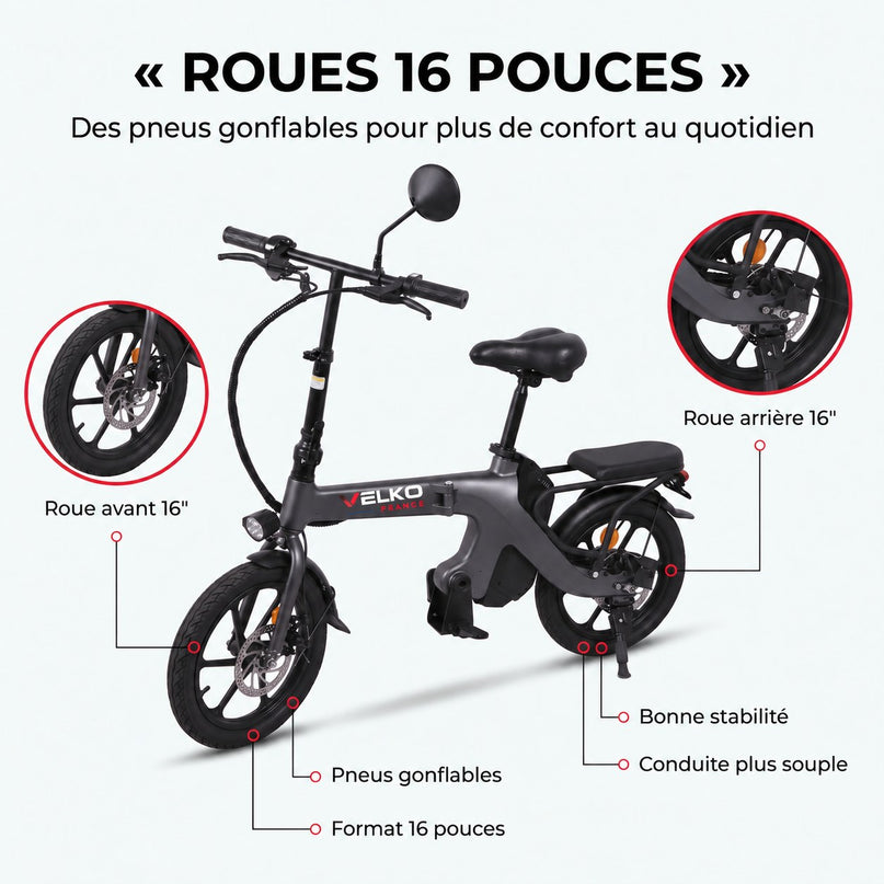 Draisienne Électrique Pliable VELKO Velix 16 – Roues 16" – Batterie Amovible 10,4 Ah – Freins à Disque Avant & Arrière