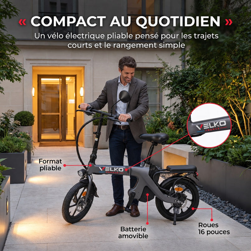 Draisienne Électrique Pliable VELKO Velix 16 – Roues 16" – Batterie Amovible 10,4 Ah – Freins à Disque Avant & Arrière