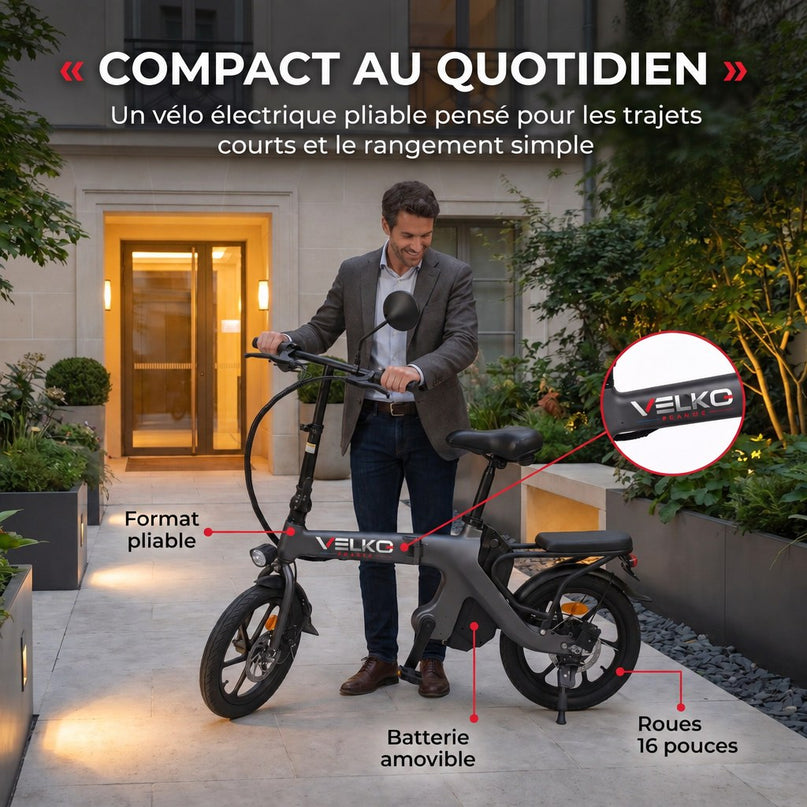 Draisienne Électrique Pliable VELKO Velix 16 – Roues 16" – Batterie Amovible 10,4 Ah – Freins à Disque Avant & Arrière