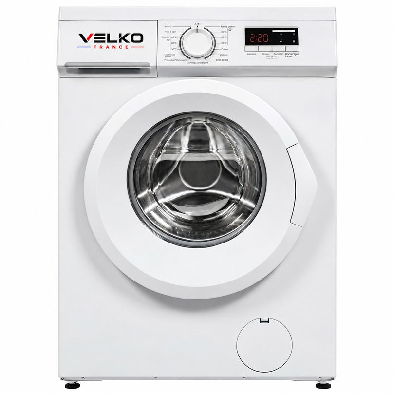 Lave-Linge Hublot VELKO Élégance 8 – Machine à Laver 8 kg – Classe A – 1400 tr/min – 15 Programmes, Vapeur & Format Slim
